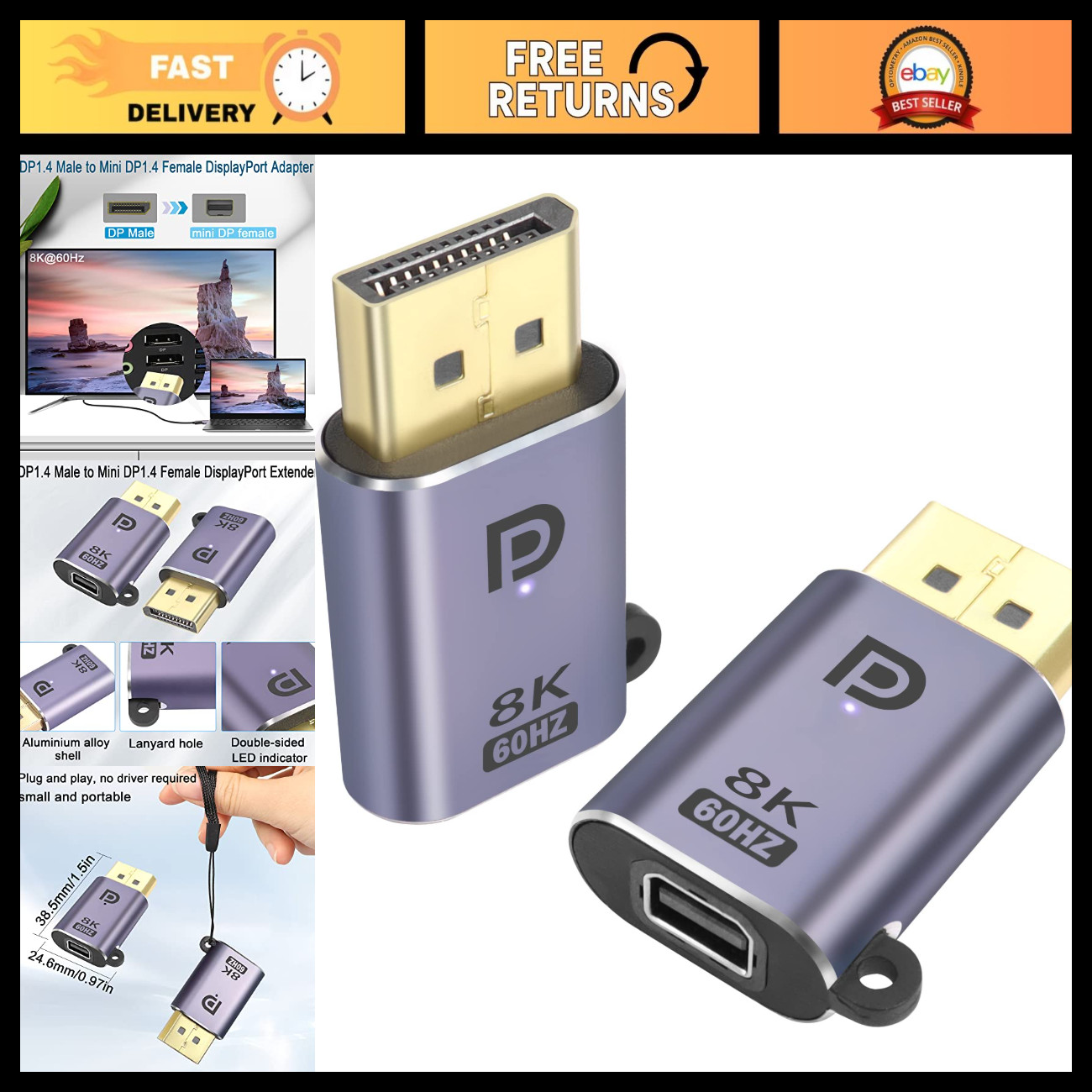 8K@60Hz DP to Mini DisplayPort Adapter, Male to Female Connector, 2-Pack, LED In