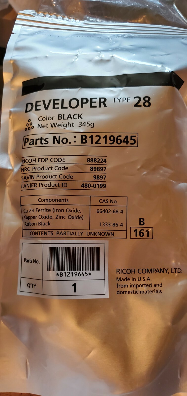 OEM Ricoh  MP 3350 Series Developer Type 28, P/N B1219645, Black 