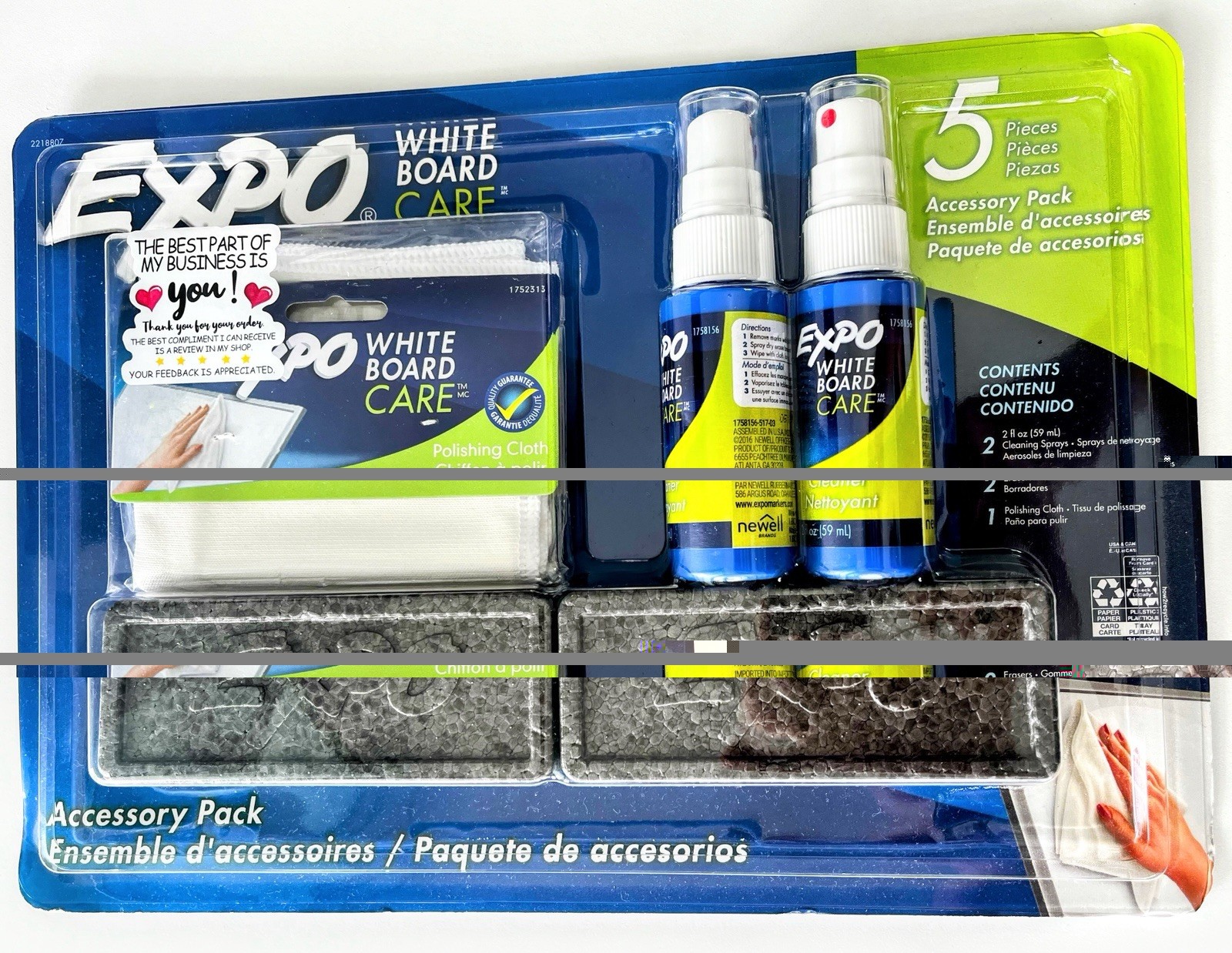 Expo White Board Care 5 Piece Accessory Pack Cloth Erasers Liquid Cleaner Kit 