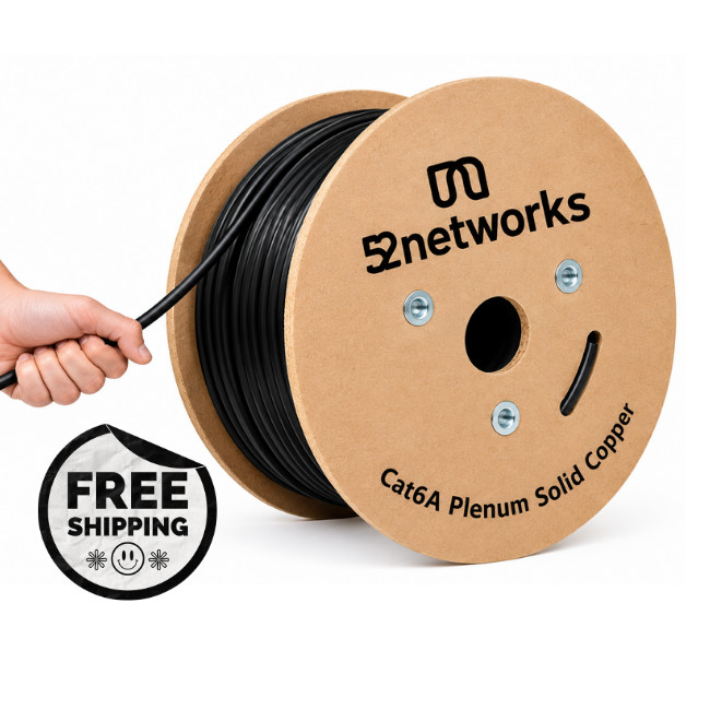 52networks Cat6A Plenum Solid Copper 1000ft 23AWG 750MHz 10Gbps UTP Cable Black