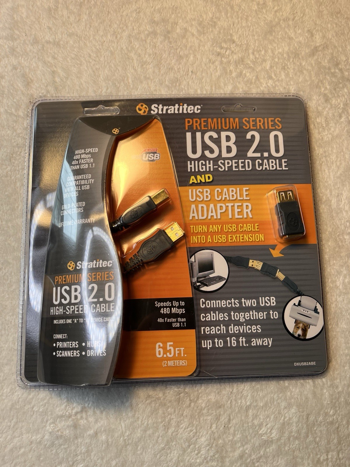 Stratitec USB 2.0 A to B Cable 6.5 Ft + USB Adapter New Sealed Premium Series