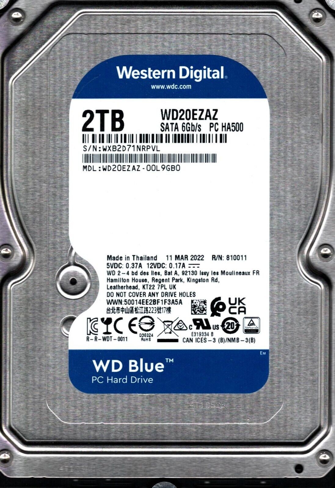 WD20EZAZ-00L9GB0 S/N: WXB2D WESTERN DIGITAL 2TB THAILAND MAR 2022