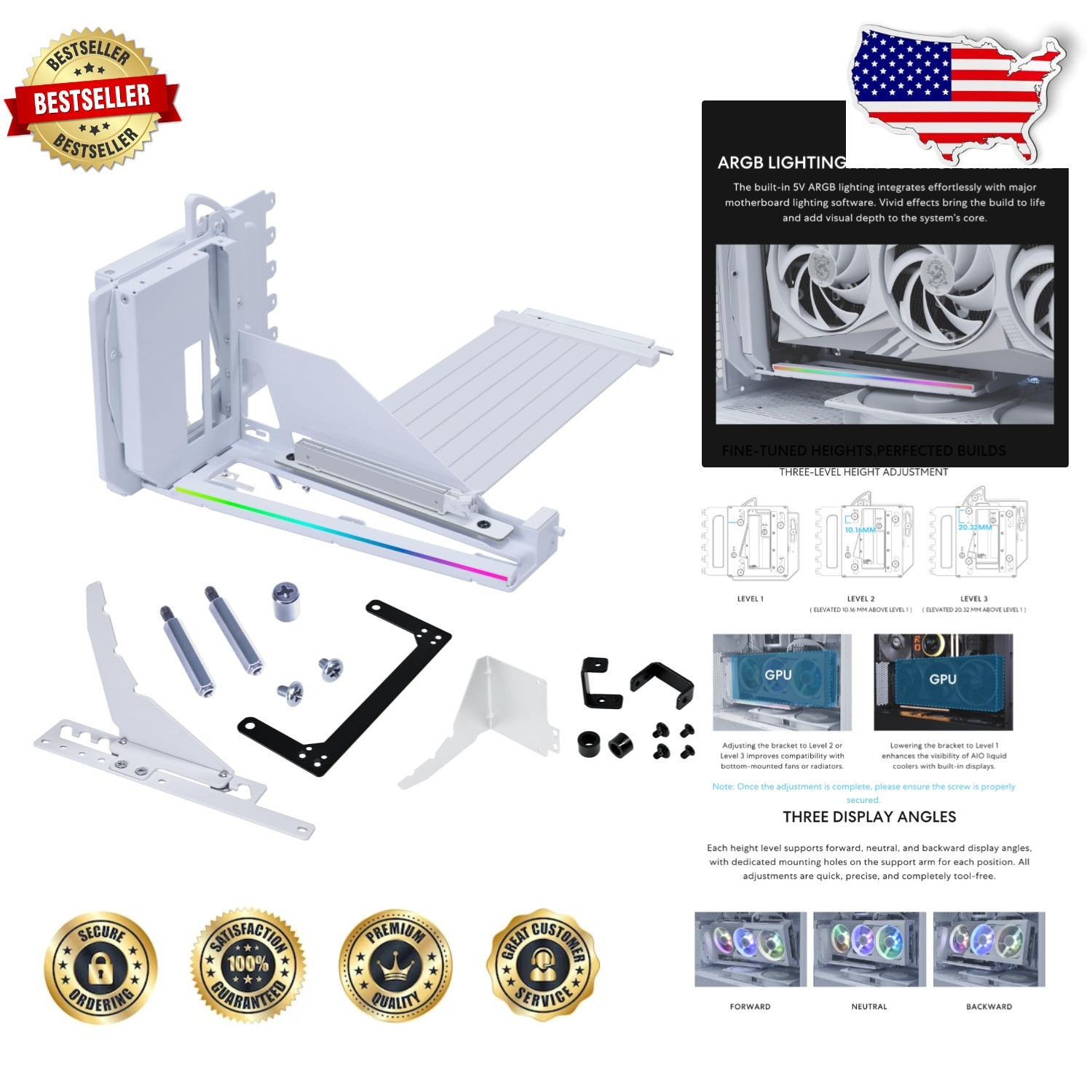Lian Li White 4-Slot Vertical GPU Bracket PCIe 5.0 Riser Adjustable 10KG Support