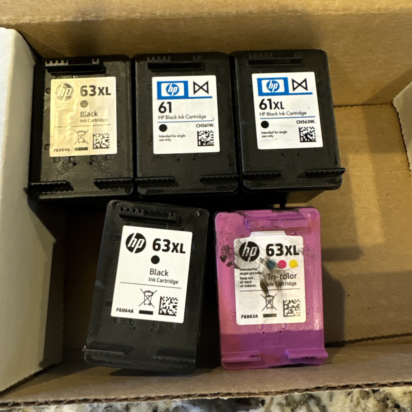 Lot of 5 HP 63 63XL Black Tri-Color EMPTY  Ink Cartridges USED