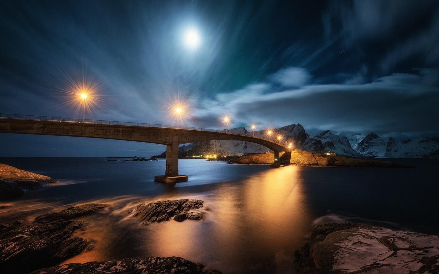 Landscape nature night bridge lights moon clouds Custom Gaming Mat Desk