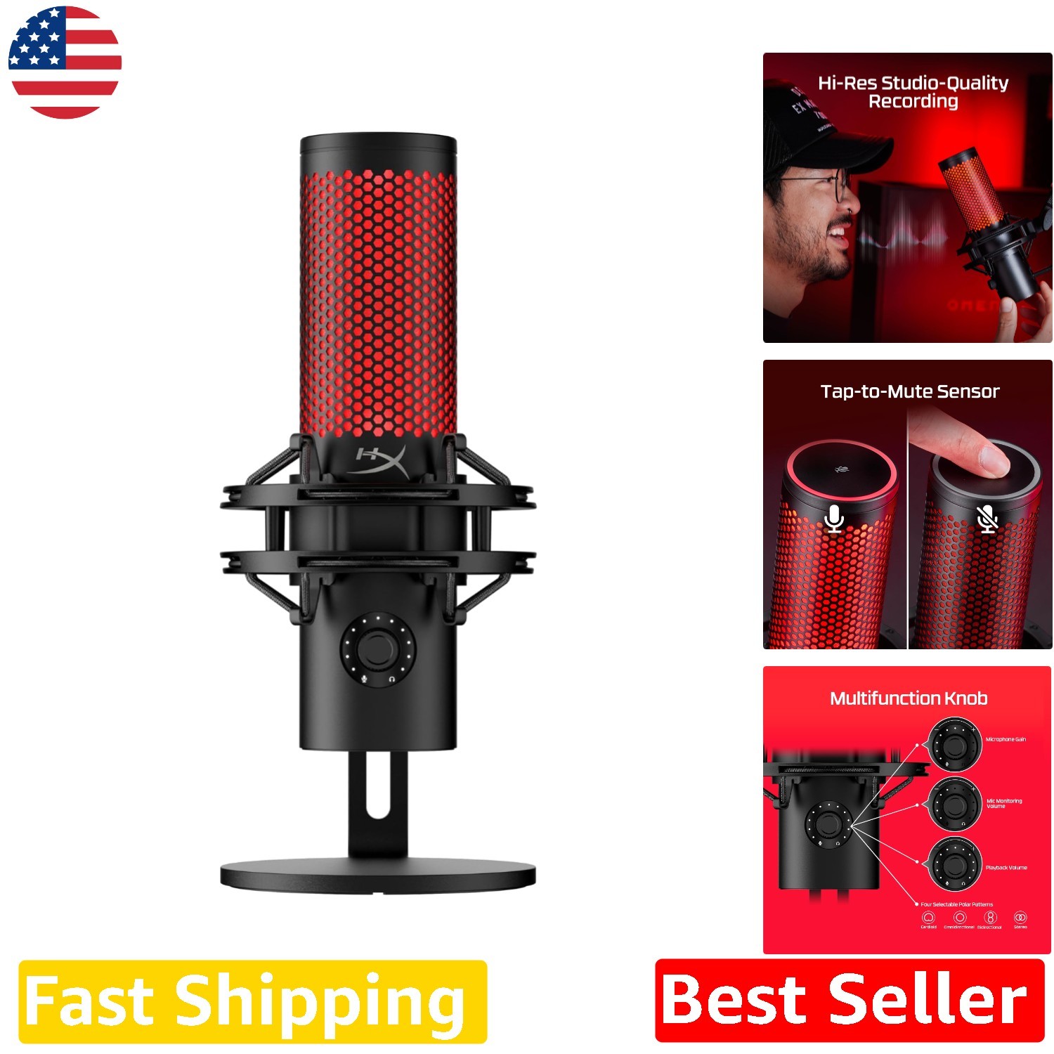 HyperX QuadCast 2 USB Mic: Pro Studio 24bit/96kHz, 4 Patterns, RGB, Mute, PS5/PC