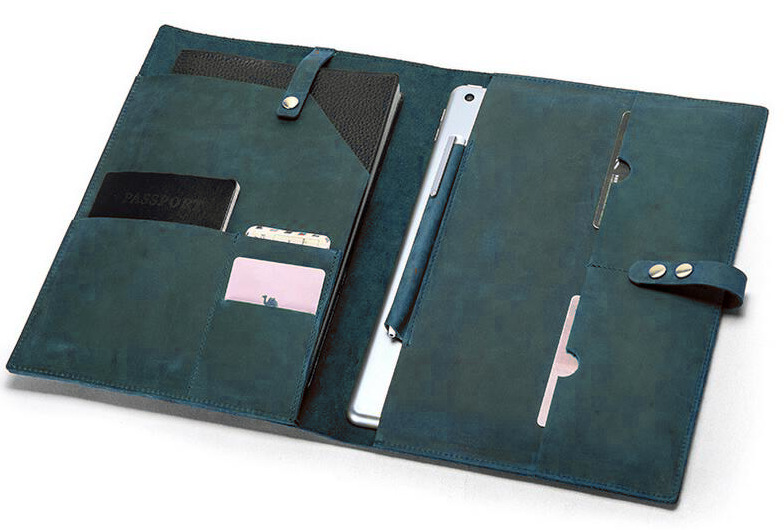 iPad Laptop Messenger bag Briefcase Pouch case pen Holder cow Leather blue W80