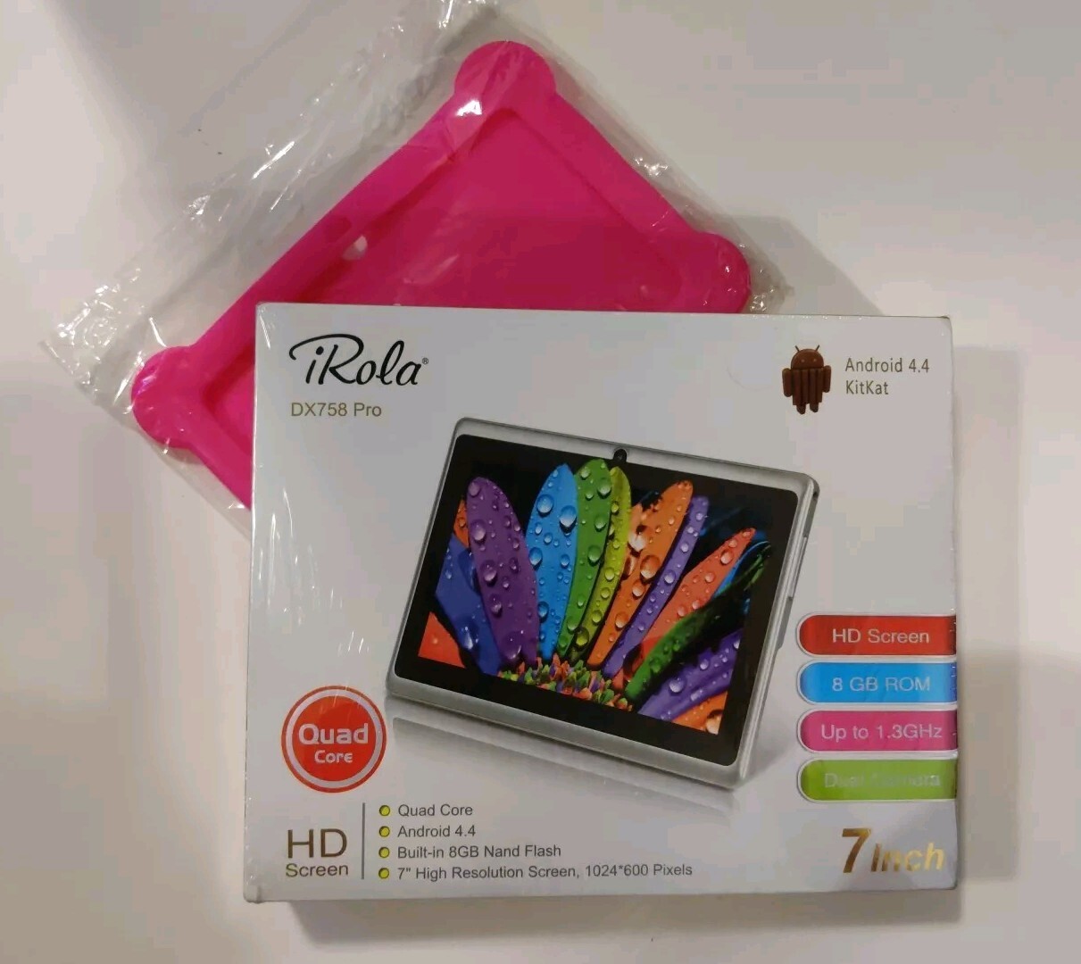 iRola Dx758 Pro 7" HD Tablet 8 GB Bundle, Plus Pink Case