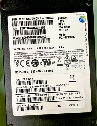 Samsung PM1635 800GB SAS 12GB/S 2.5" SSD NetApp X447A-R6 MZ-ILS800A MZILS800HCHP