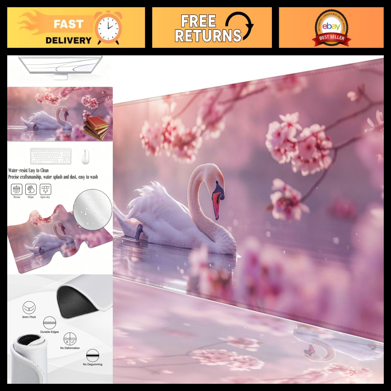 Large Pink Gaming Mouse Pad XXL 62.99"x31.50" - Cherry Blossoms, Non-Slip, Water