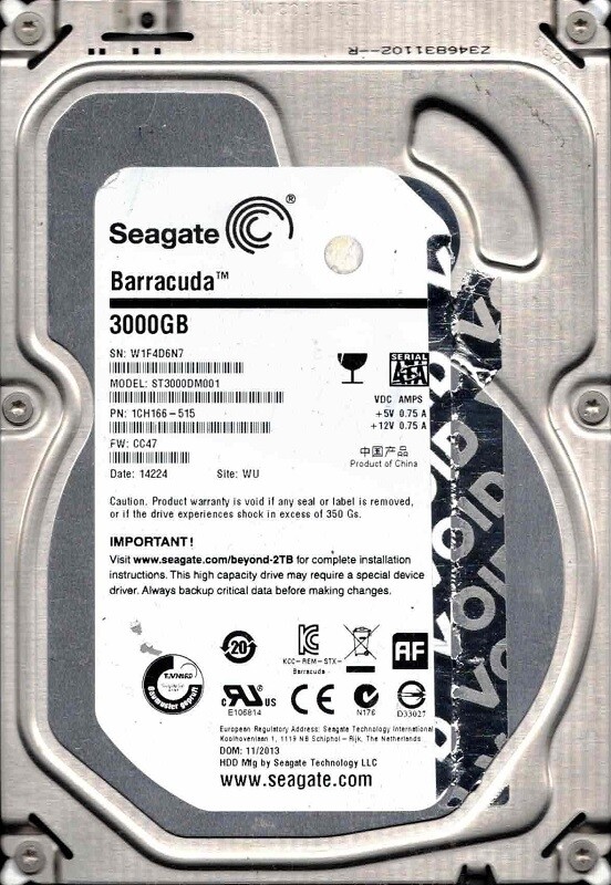ST3000DM001 F/W: CC47 P/N: 1CH166-515 WU W1F4 11/2013 Seagate 3TB