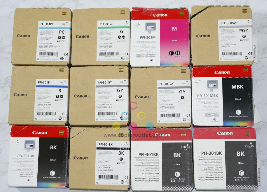 12 OEM Canon iPROGRAF 8000,8010S PFI-301PC,G,M,PGY,B,GY,MBK,BK Ink Tanks/Expired