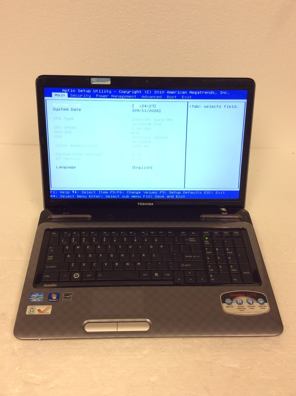 Toshiba Satellite L775 17.3" Laptop Intel i3-2350M 2.30Ghz w/ 4GB Ram,CD, No HDD