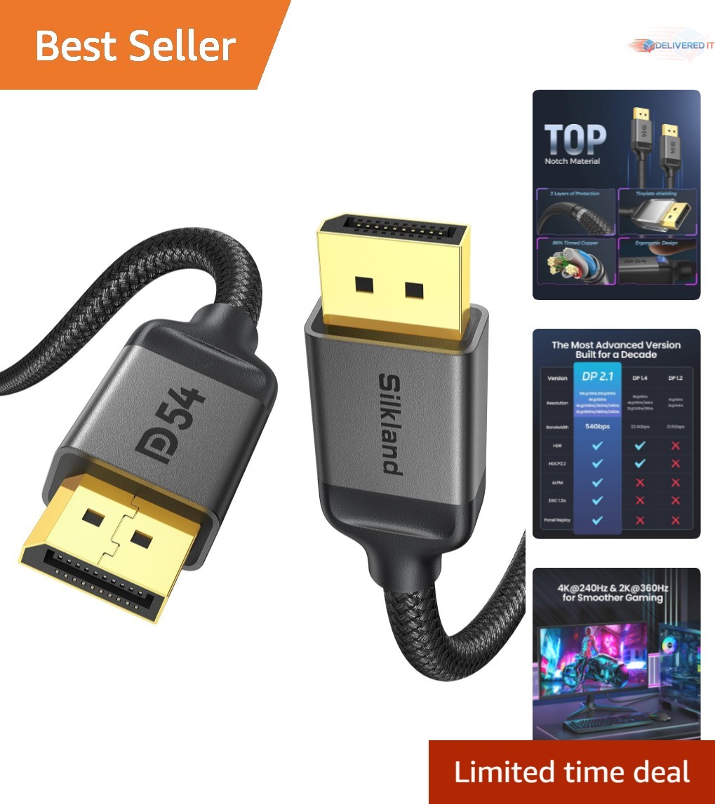Long DisplayPort 2.1 Cable 25FT Braided 54Gbps 8K HDR Gaming Monitor Setup