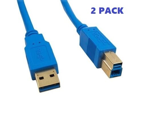 2 PK 1Ft USB 3.0 Super Speed 4.8Gbps Gold Plate Type A Male to B Male Cable Blue