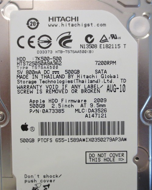 HTS725050A9A362 PN:0A73385 MLC:DA3526 Apple#655-1589A 500gb Sata Laptop Drive