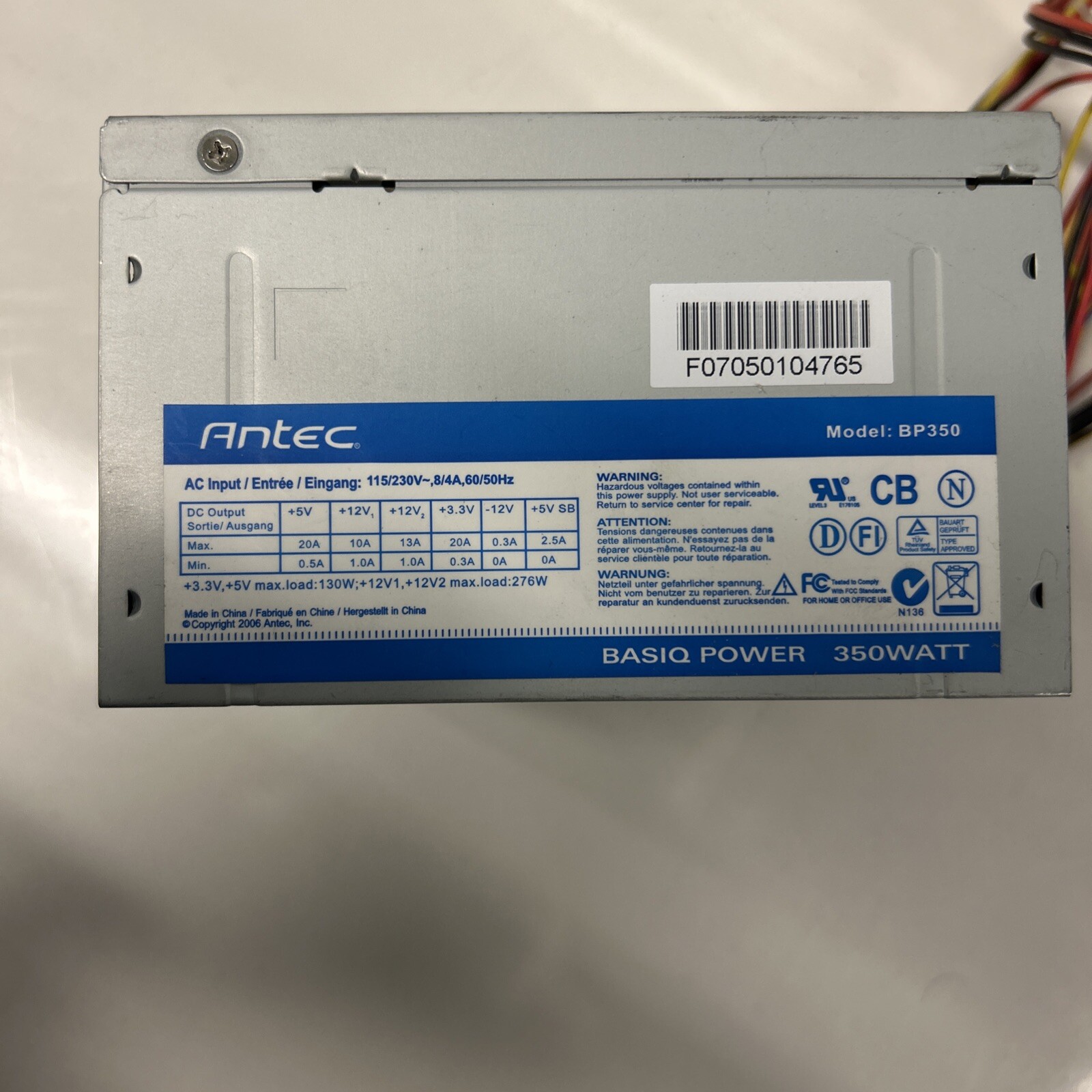 ANTEC BASIQ POWER 350 WATT POWER SUPPLY ATX12V TESTED AND WORKING