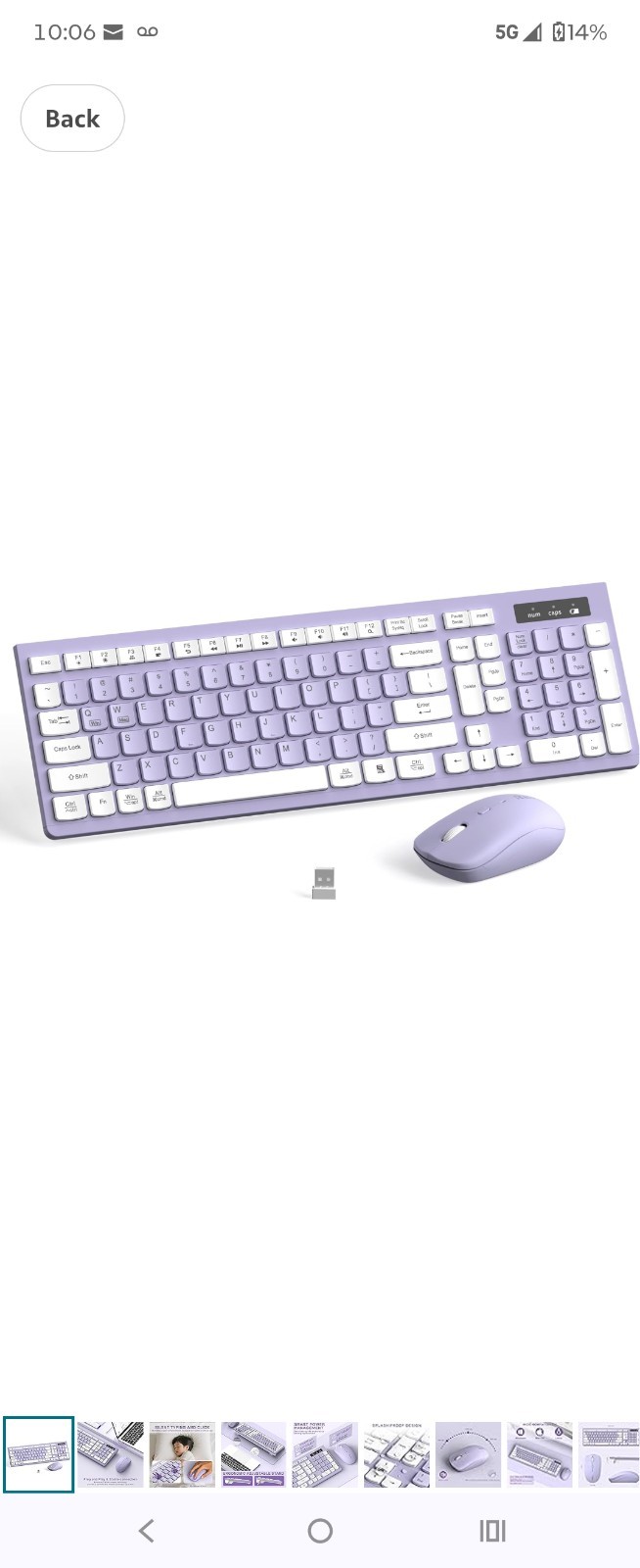 Wireless Full-Sized Keyboard and 3 DPI Mouse Combo 2.4G Purple/White