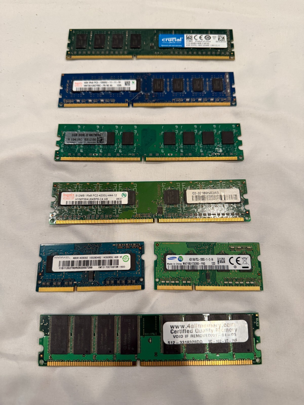 Lot of 7 Mixed RAM DDR3 DDR2 DDR 4GB Desktop Laptop Crucial Hynix Samsung