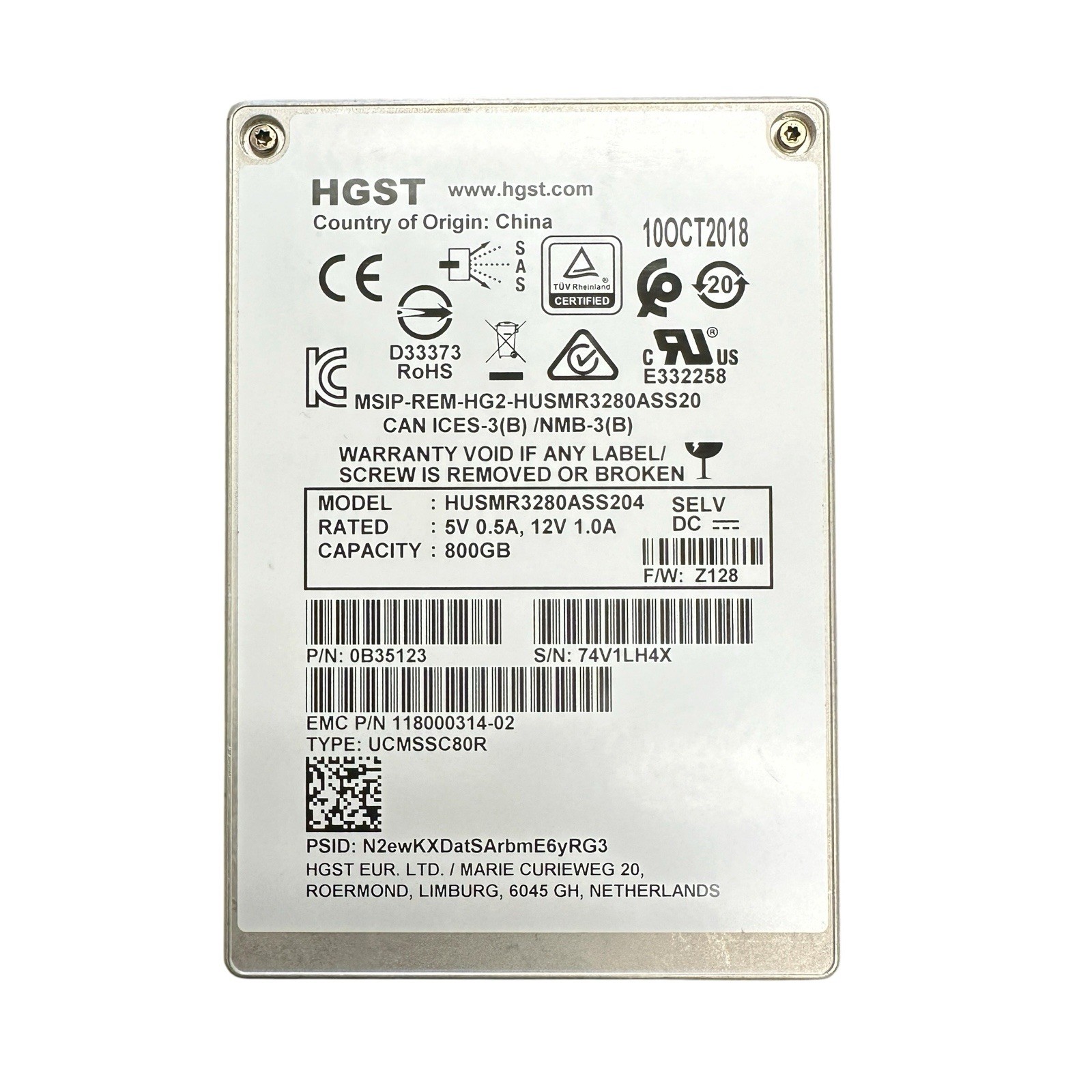 HUSMR3280ASS204 Dell EMC HGST 800GB 2.5'' 12Gbps SAS SSD 0B35123 118000314 100%