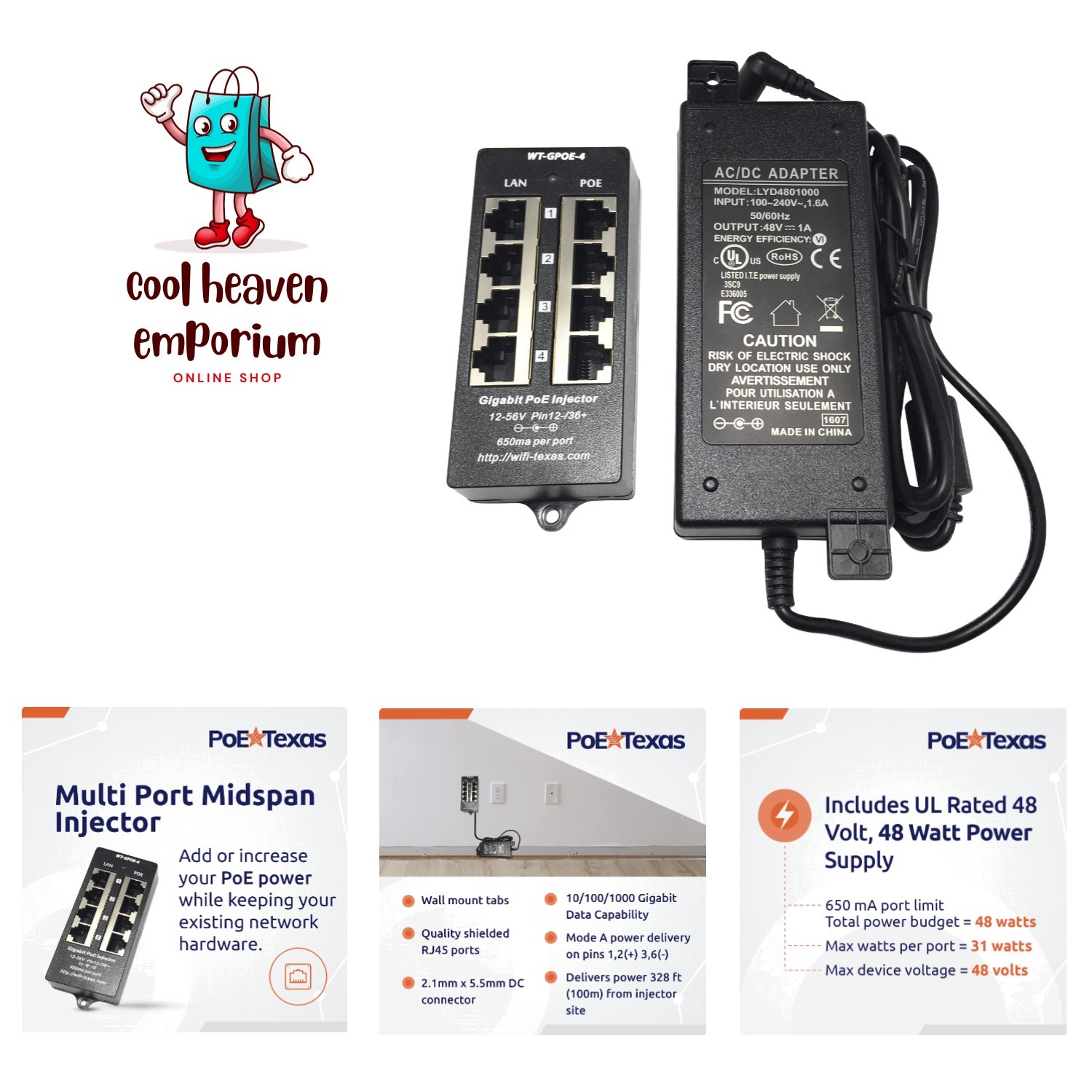 4-Port Gigabit Passive PoE Injector with 48V 48W Supply