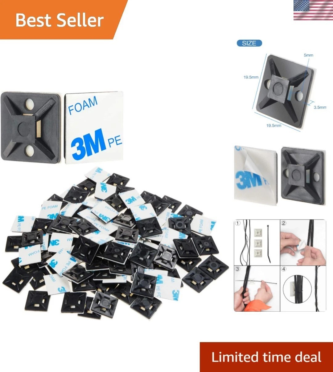 High-Quality 100 PCS Black Adhesive Zip Tie Mounts for Tidy Cable Management