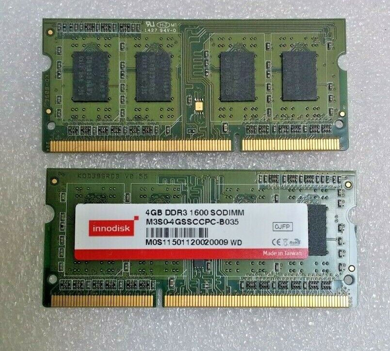 Lot of 2 Innodisk 4GB DDR3 1600 SODIMM Laptop Memory