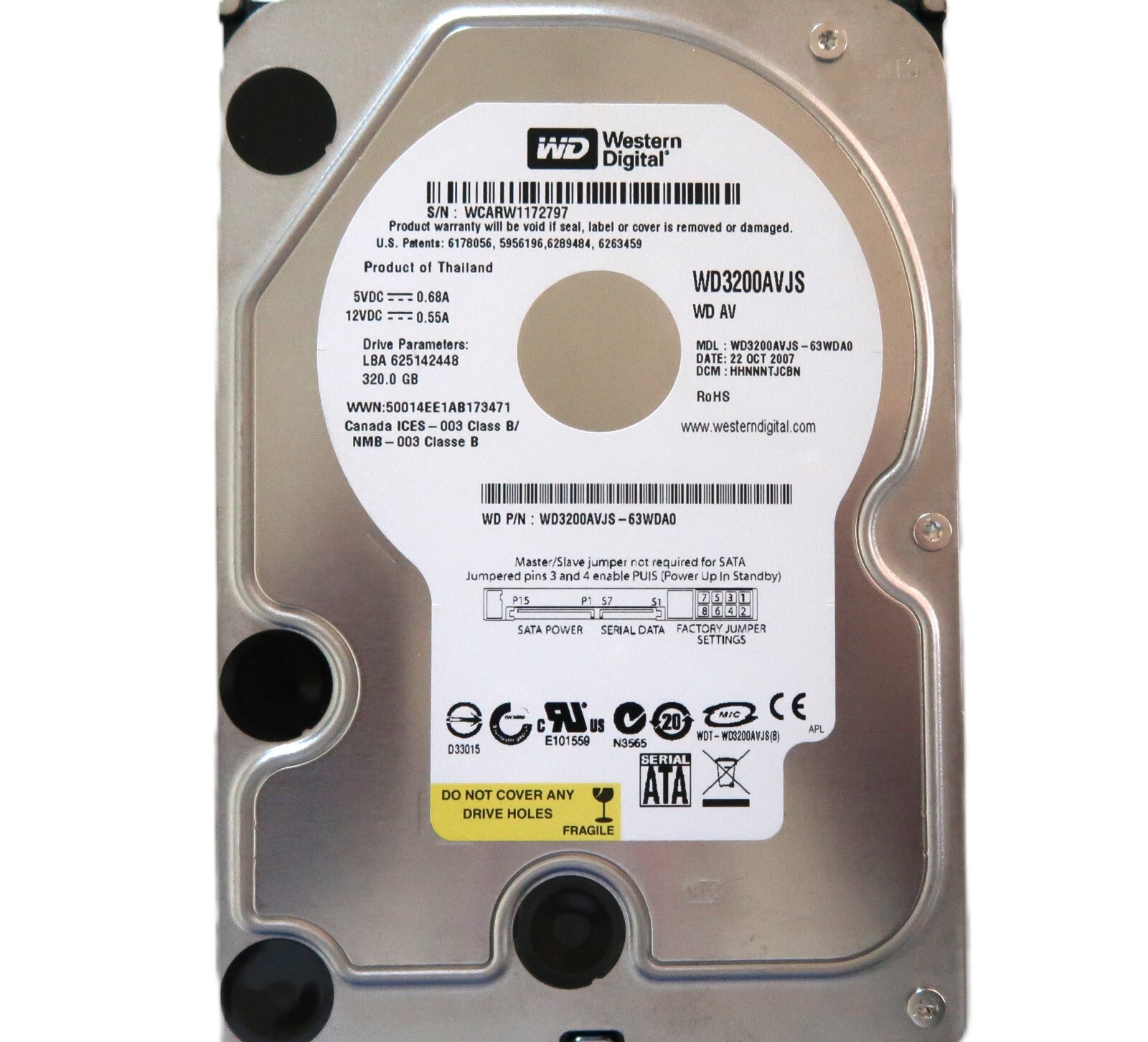 WD WD3200AVJS-63WDA0 HHNNNTJCBN (WCAR) Thailand 320gb 3.5" Sata HDD OCT/2007