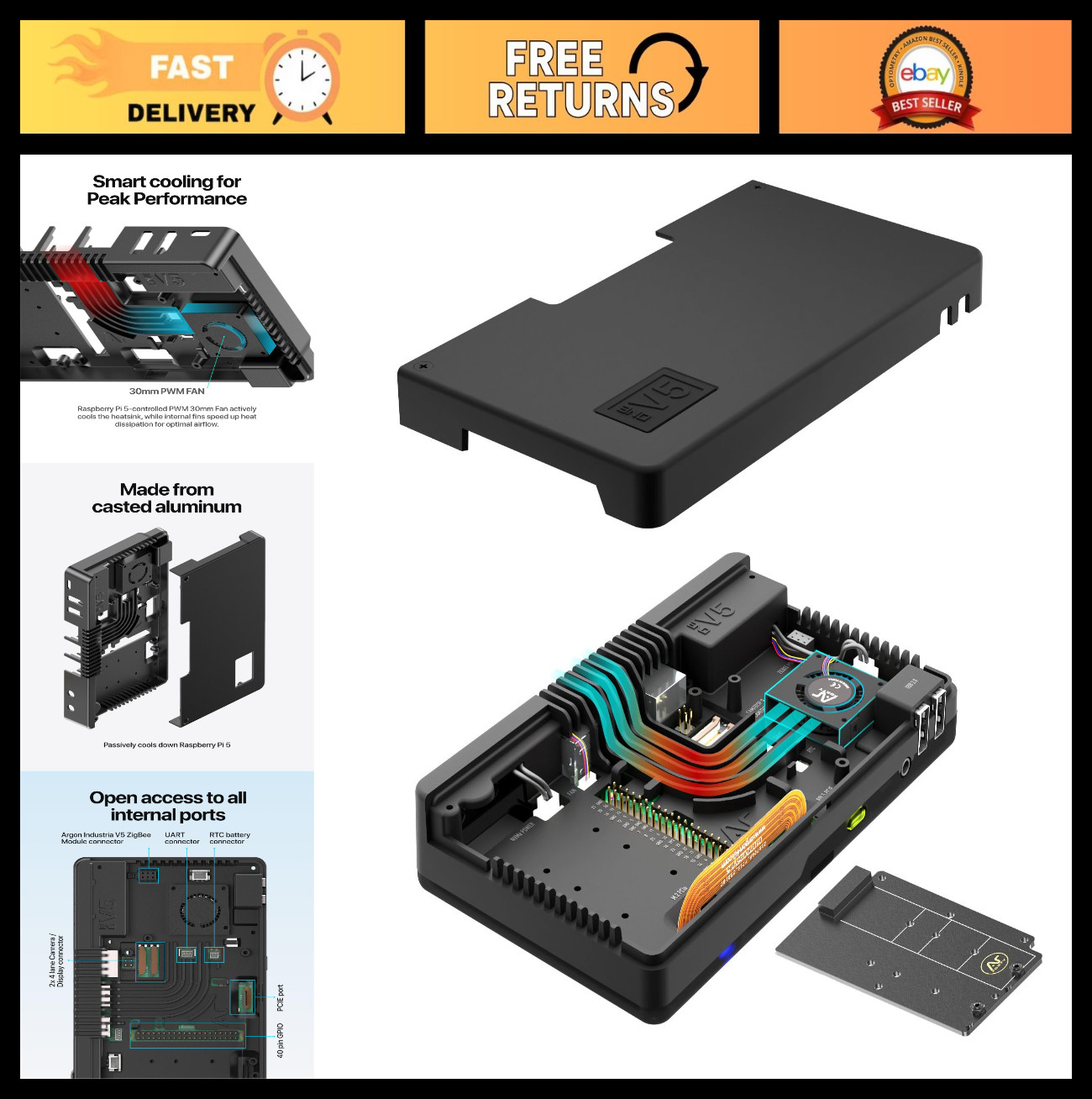 Raspberry Pi 5 M.2 NVMe Case - Dual HDMI, DAC, Cooling System, Sleek Design