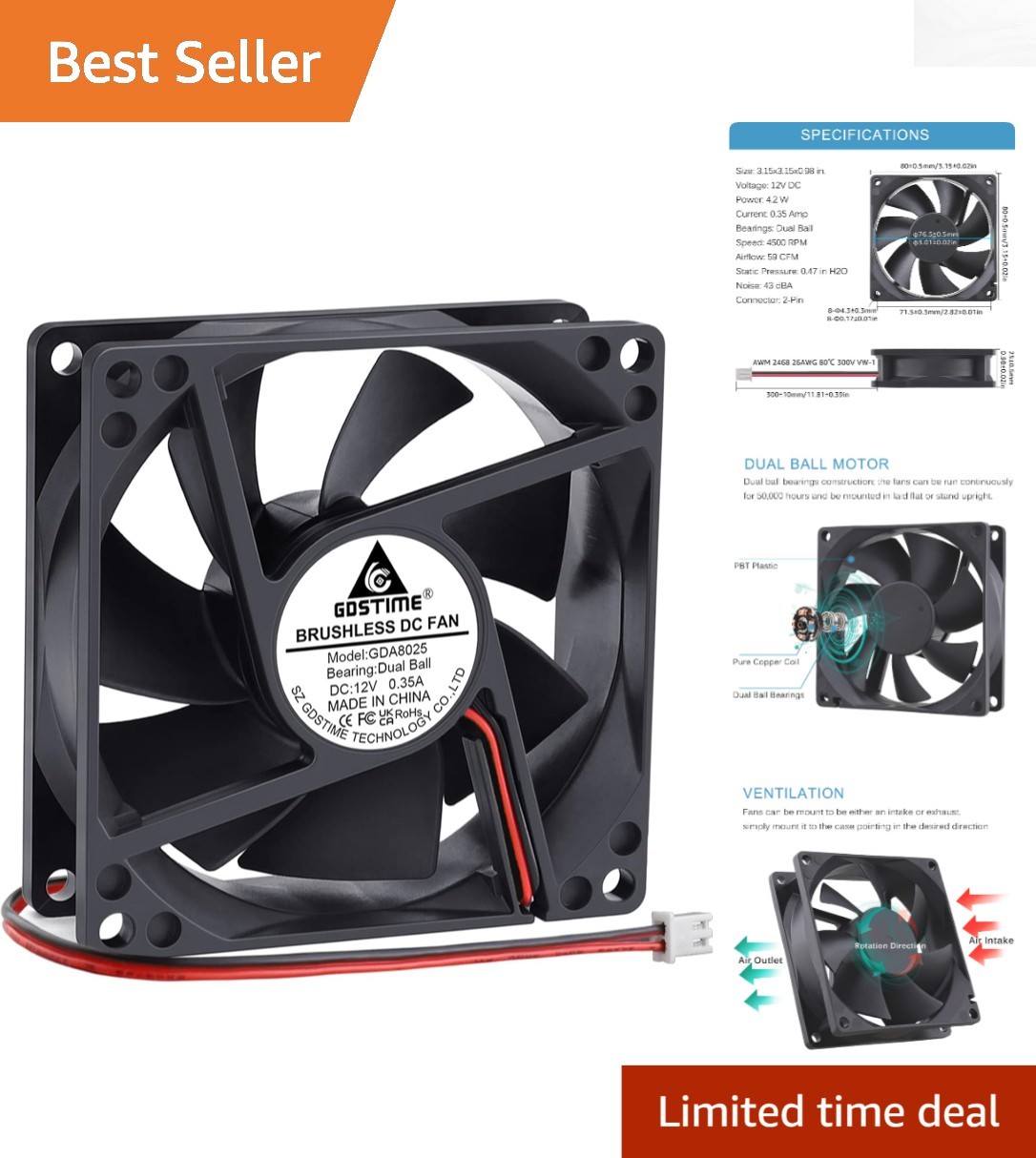 High Speed 4500RPM 80mm Brushless DC Cooling Fan - Low Noise & Powerful Airflow