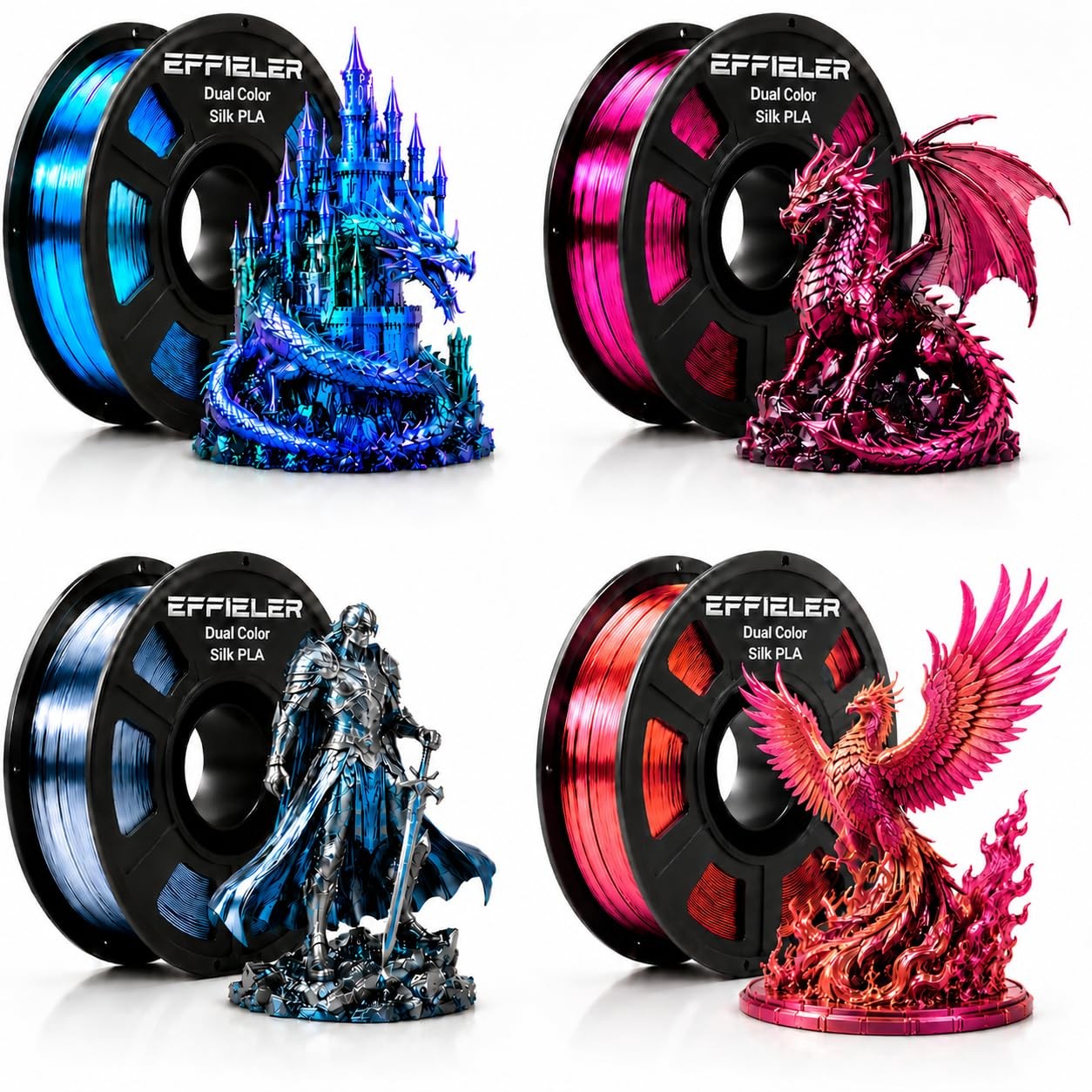 EFFIELER Dual Color Silk PLA Filament 1.75mm, 4 Pack 250g Spools, Shiny Multi...