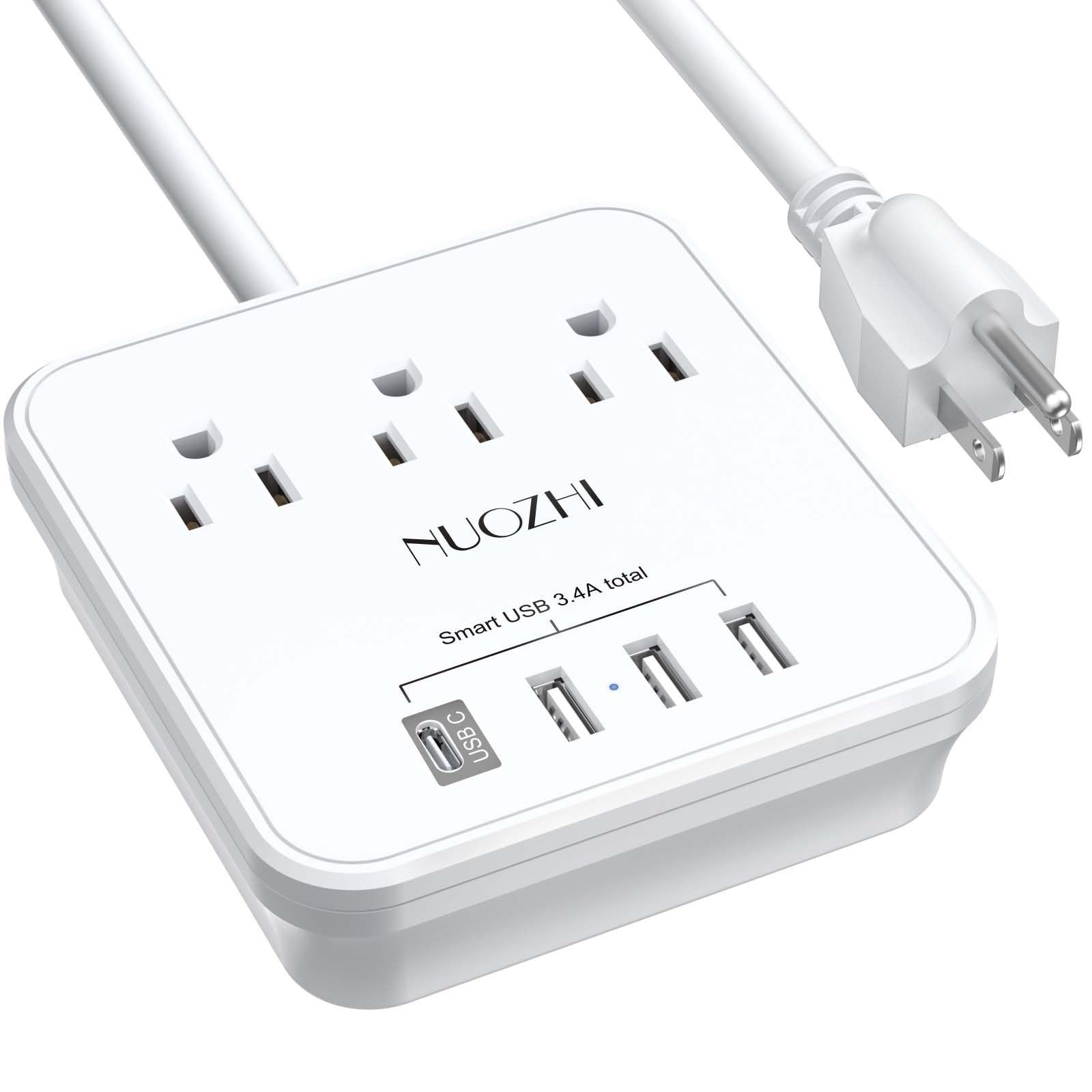 Cruise Ship Power Strip 6ft Cord 3 Outlets 4 USB Ports Non Surge Protector White