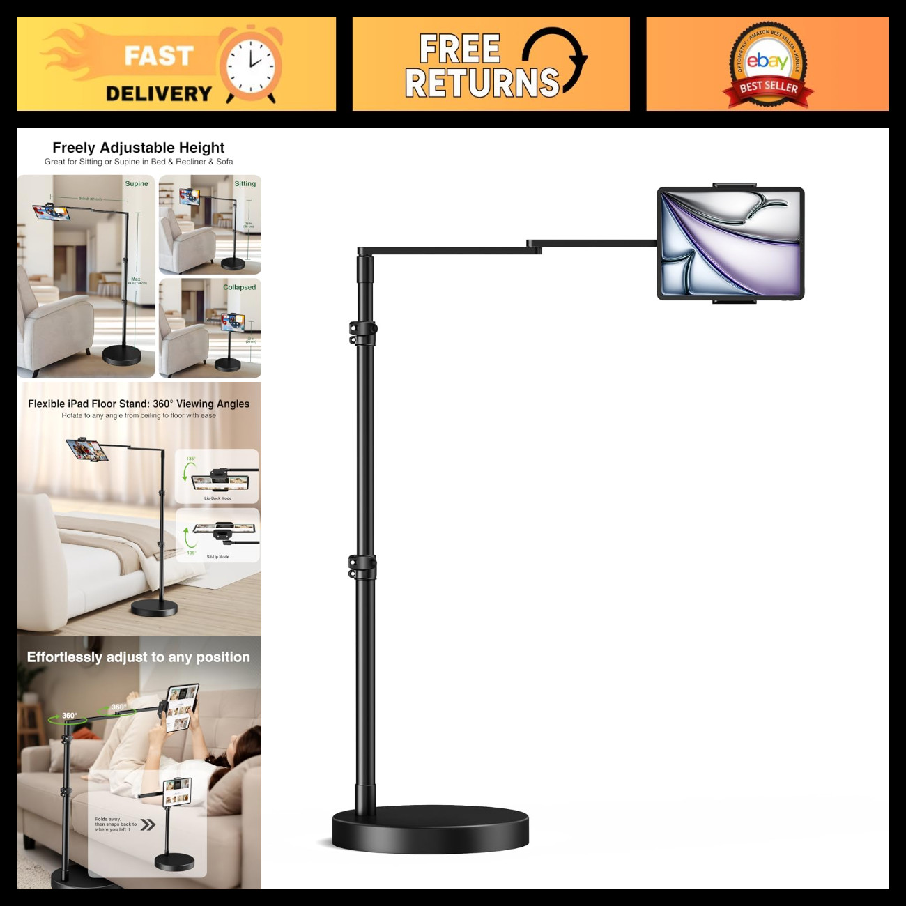 Adjustable Tablet Floor Stand - Aluminum iPad Holder for Bed, Desk & Floor Use
