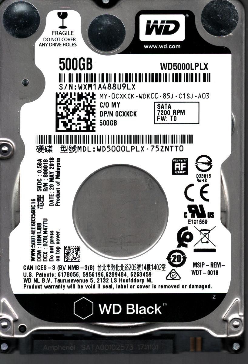 WD5000LPLX-75ZNTT0 S/N: WXM1 DCM: HBNTJBB WD 500GB MALAYSIA MAY 2018