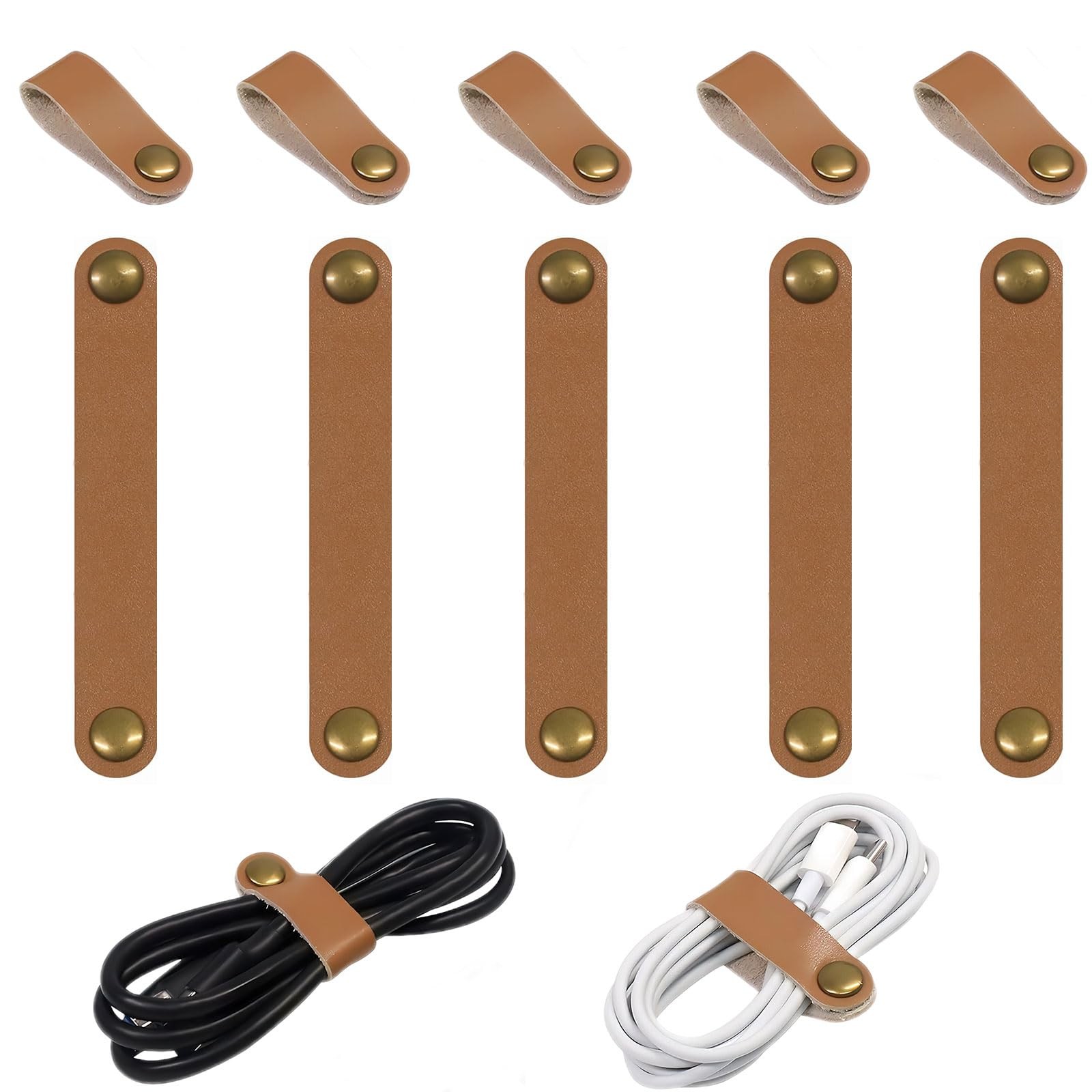 10 Pcs Cord Organizer, Brown Pu Leather Button Wraps for Phone Cord Ties