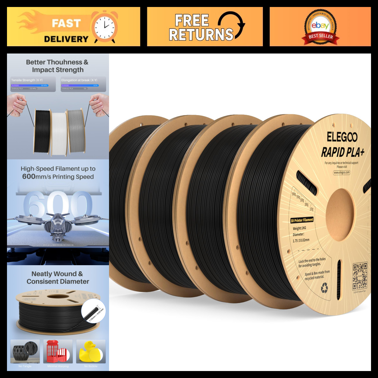 1.75mm Black PLA Plus 3D Printer Filament - High Quality, 4KG Spool for Printing