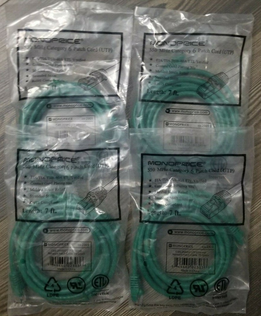 4-Cables Monoprice 7FT 24AWG Cat6 550MHz UTP Ethernet Bare Copper Network Green