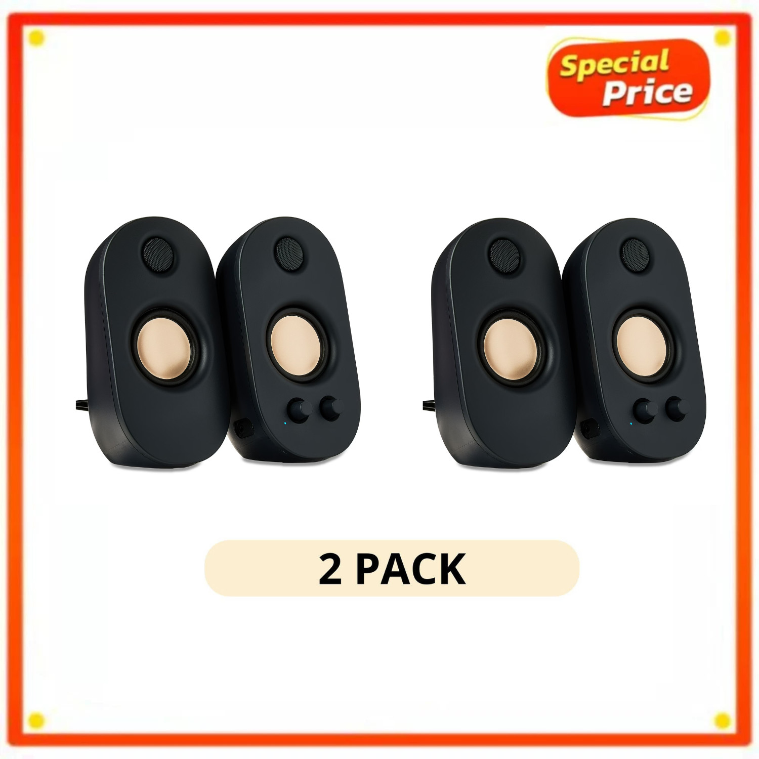 2 Pack onn AC Powered Computer Speakers 2.0 Stereo 3.5mm AUX Bass Control 6W