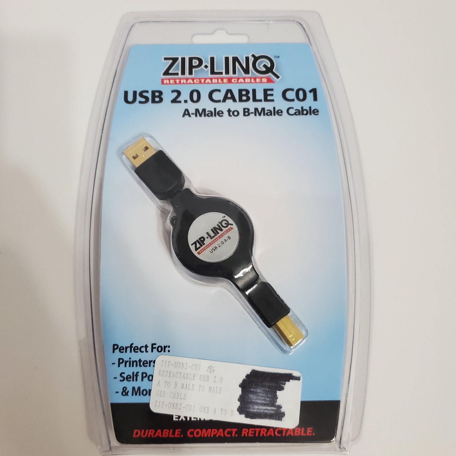 Zip-Linq USB 2.0 Cable C01 A-Male to B-Male Retractable 48 inches Printer NOS