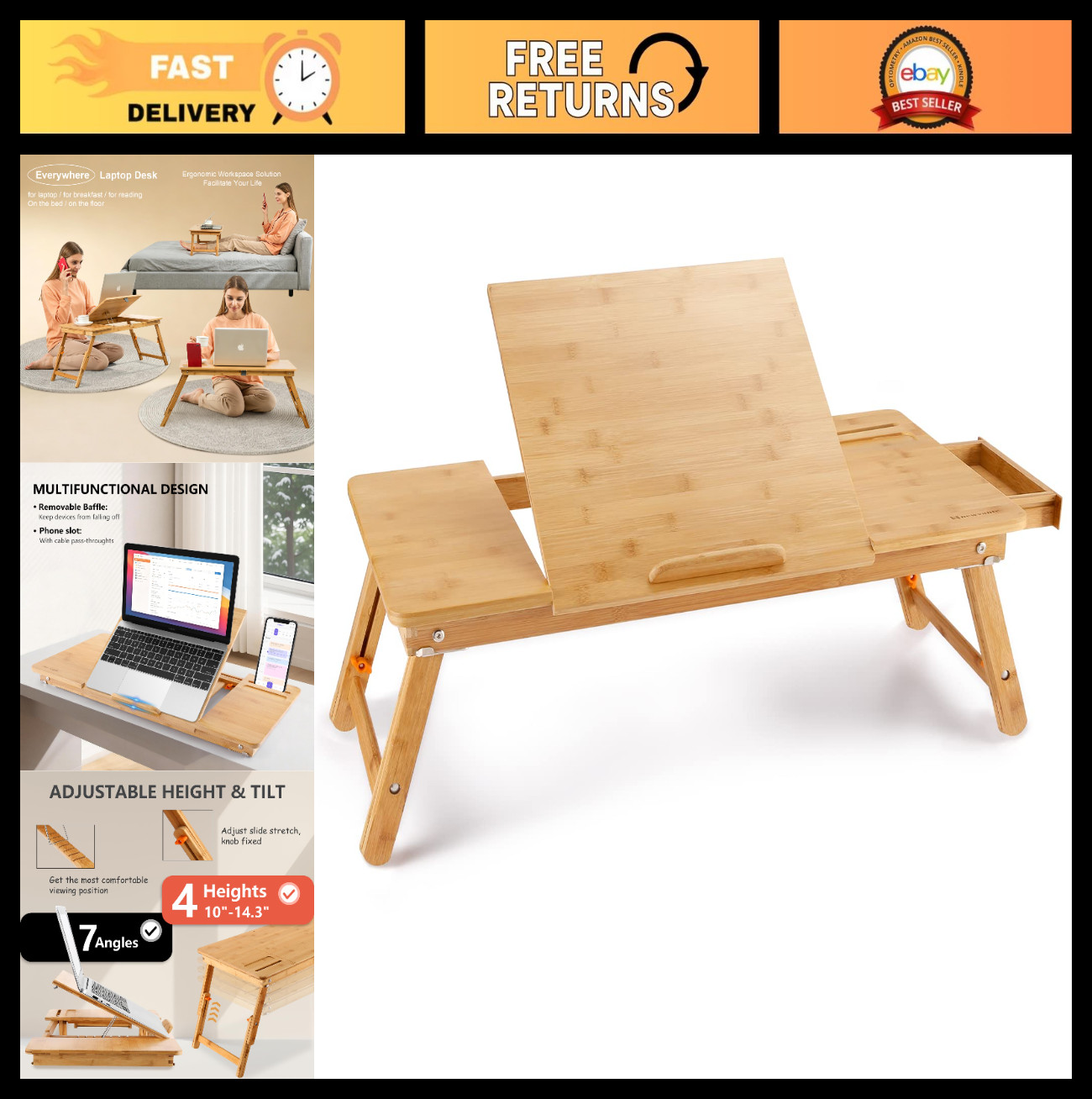 Adjustable Bamboo Laptop Desk - Large Bed Tray for Work & Study, Portable & Vers