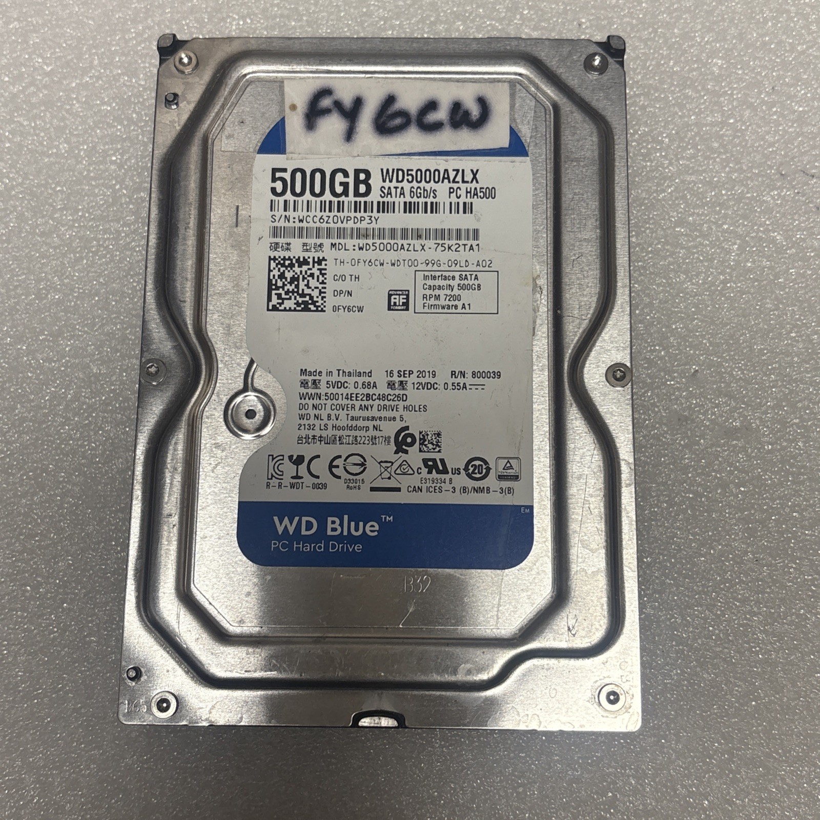 FY6CW Dell Western Digital 500GB 7.2K SATA 3.5" HDD WD5000AZLX