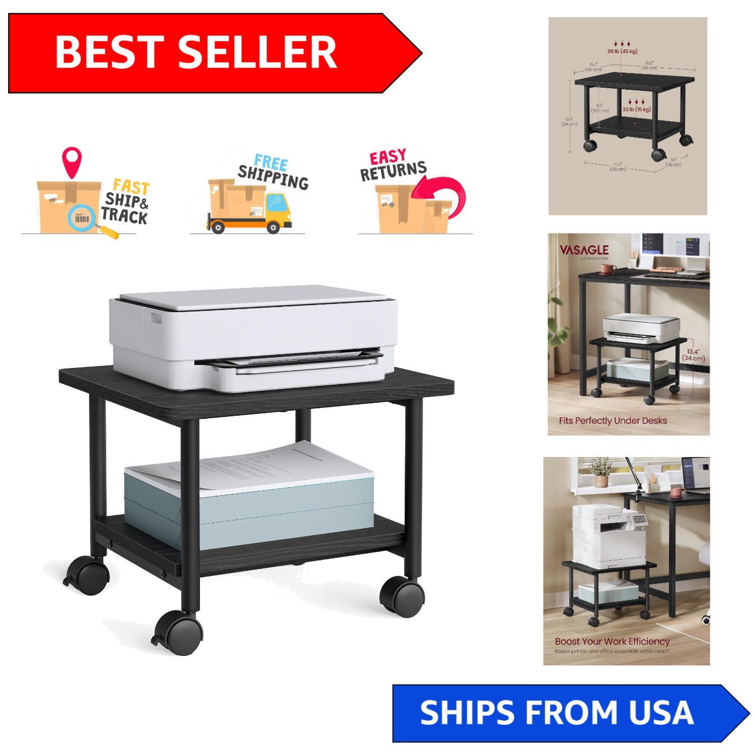Ebony Black 2-Tier Printer Stand with Locking Wheels - Organization Made Easy
