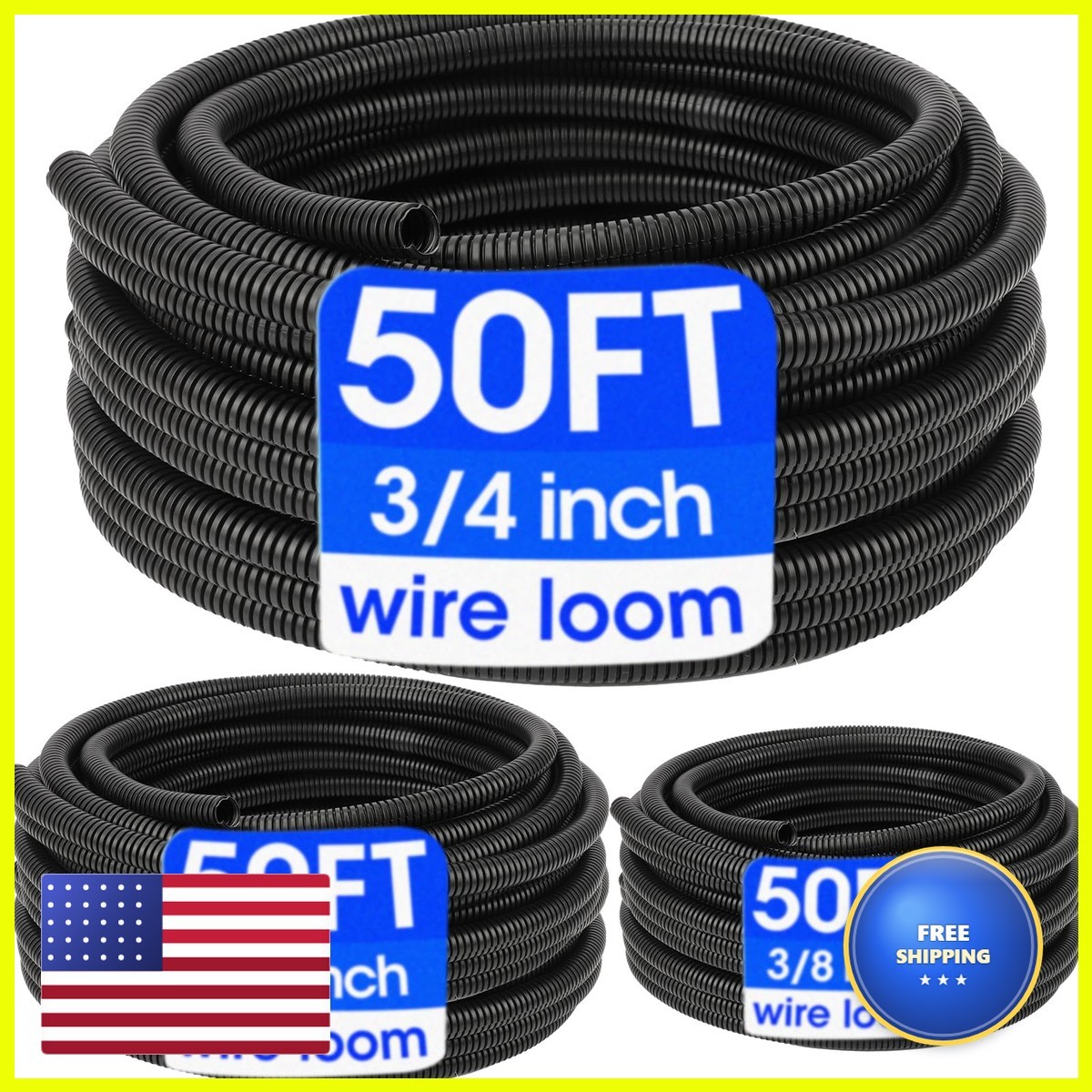 Wire Loom 3/8" 1/2" 3/4" x 50 FT Split Wire Conduit Cable Sleeves Black YesBes