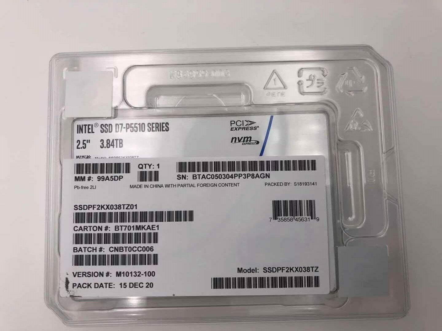 Intel D7 P5510 Series 3.84TB 2.5" NVME U.2 PCIE SSDPF2KX038TZ Solid State Drive