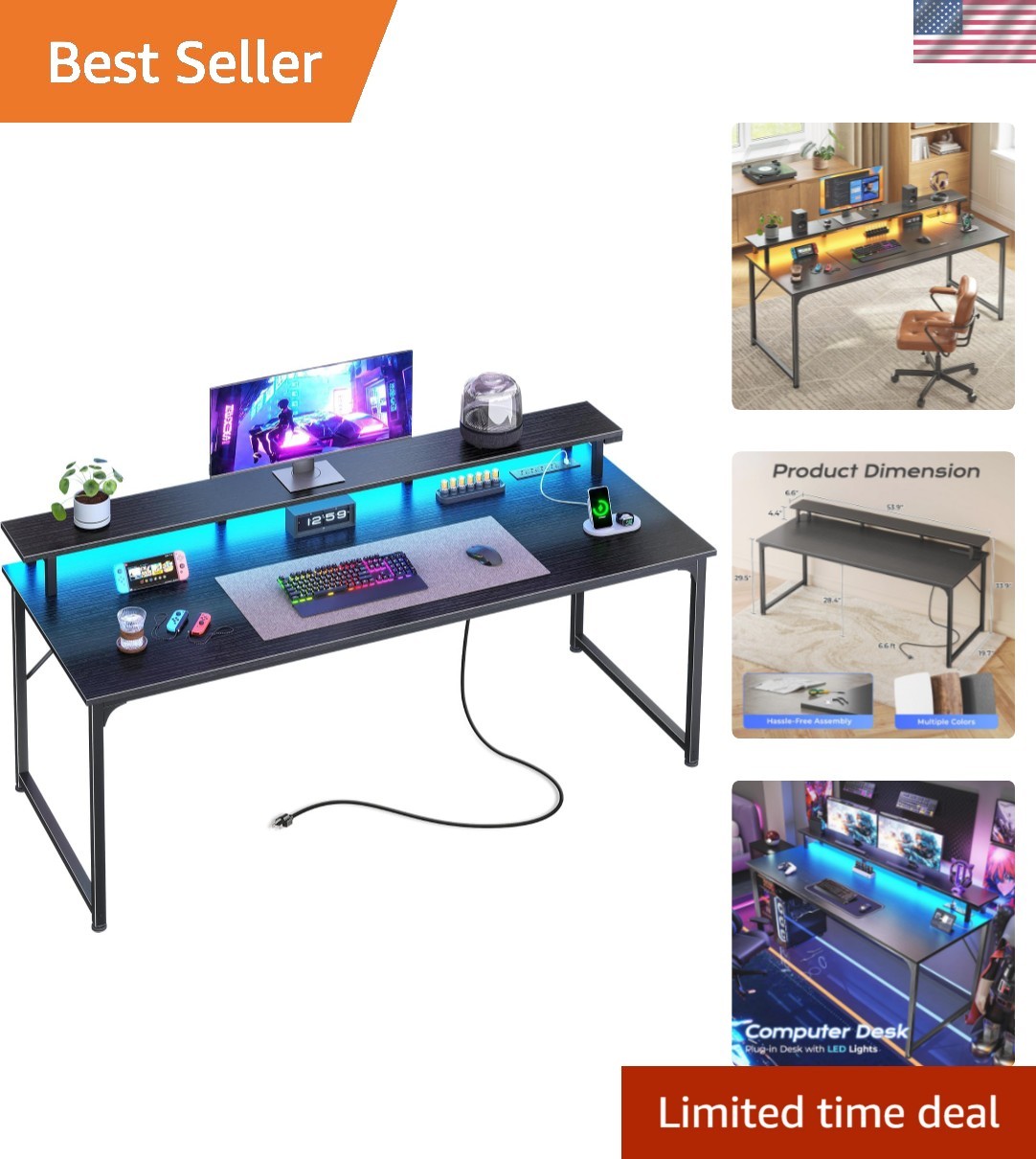 55 inch Gaming Desk, LED & Power Outlets, Monitor Stand, Black