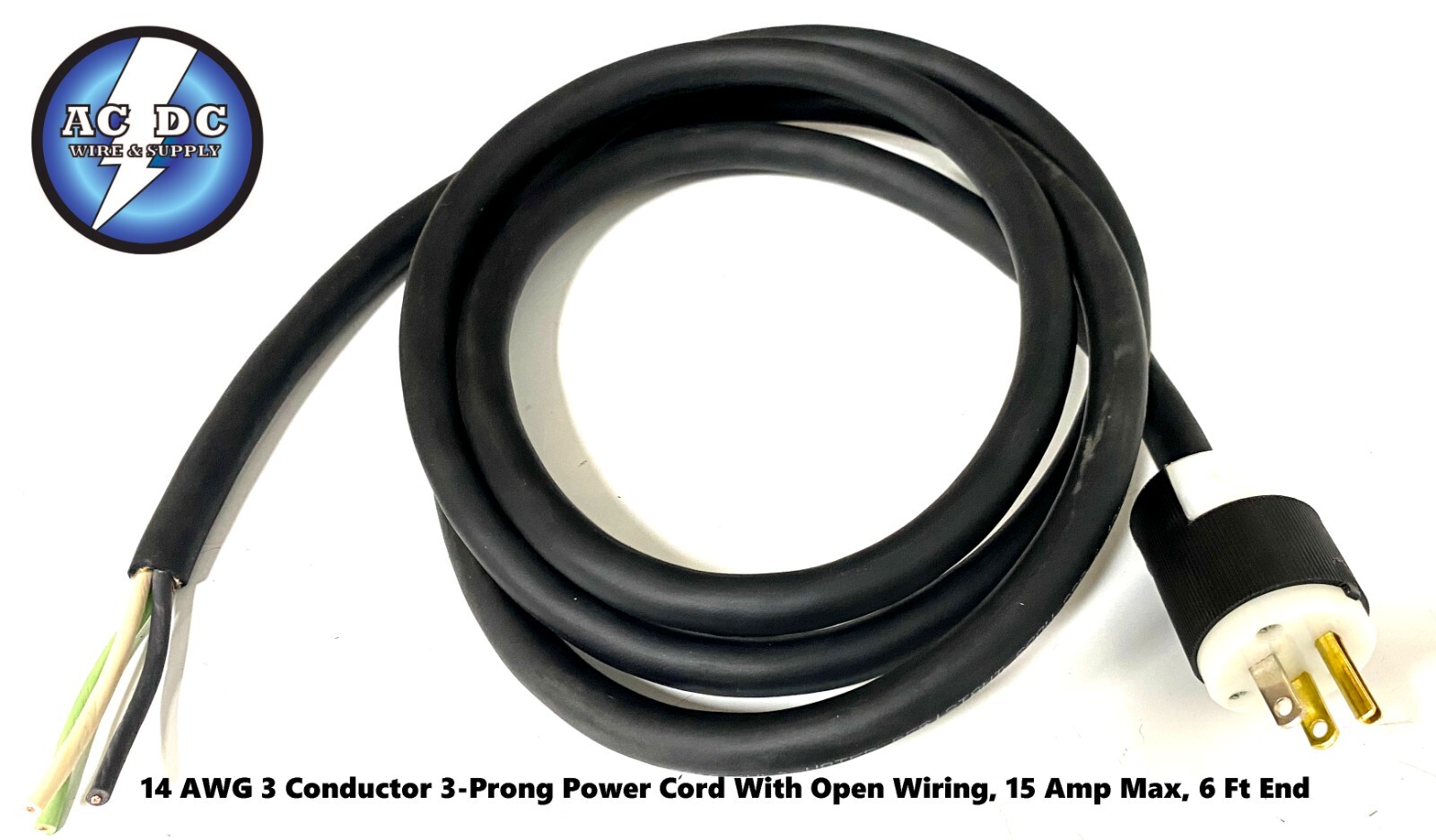 14 AWG 3 Conductor 3-Prong  HD Power Cord With Open Wiring, 15 Amp Max, 6 Ft End