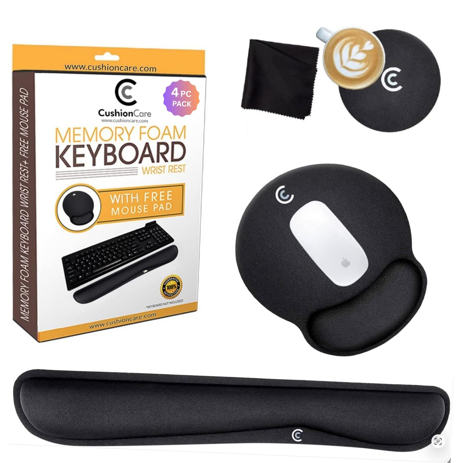 4pc Wrist Rests for Keyboard and Mouse Pad Set - Memory Foam Cushion, Black -...