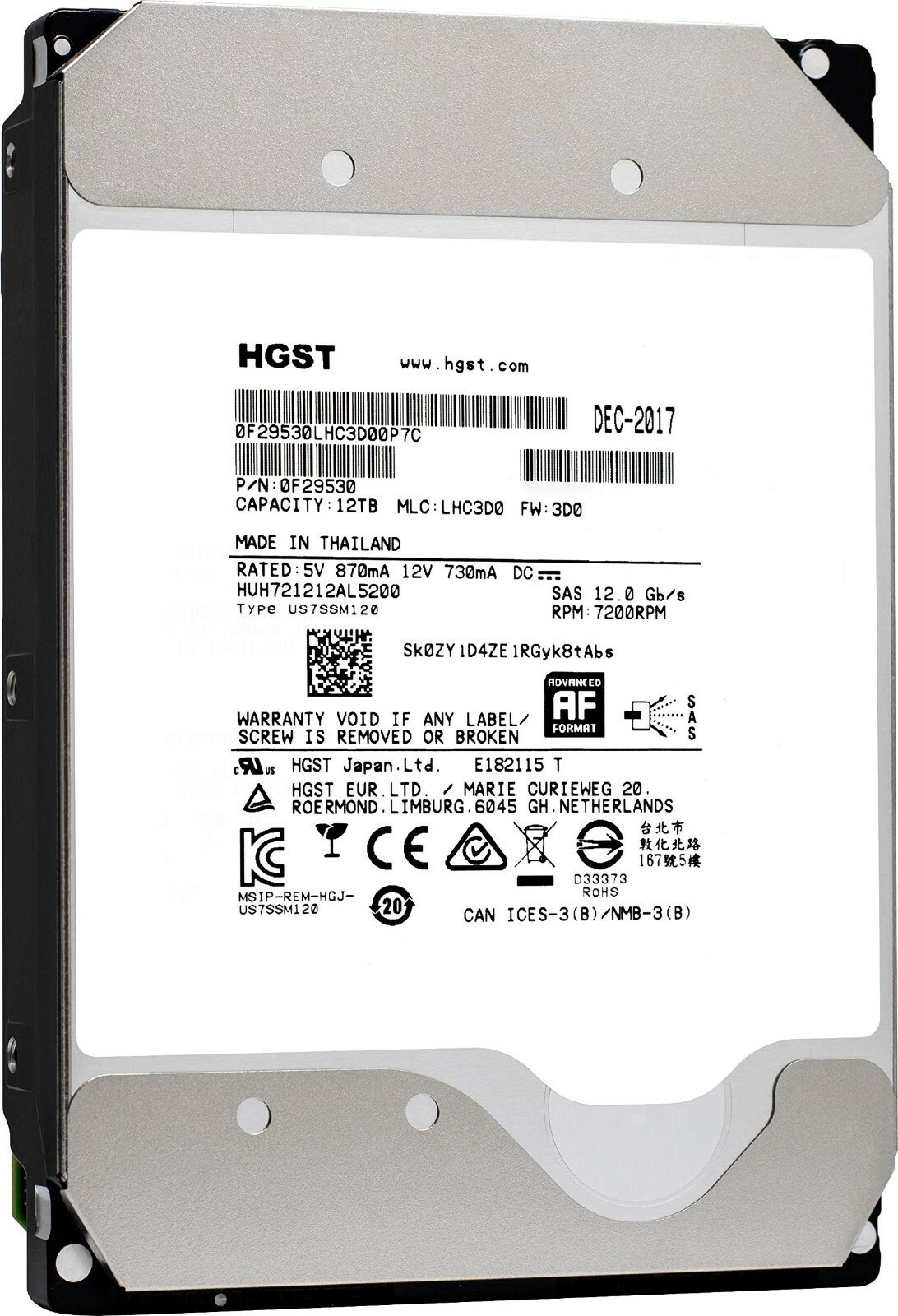 HGST 12TB 512e 7.2K HUH721212AL5200 0F29530 US7SSM120 WD Hard Drive SAS