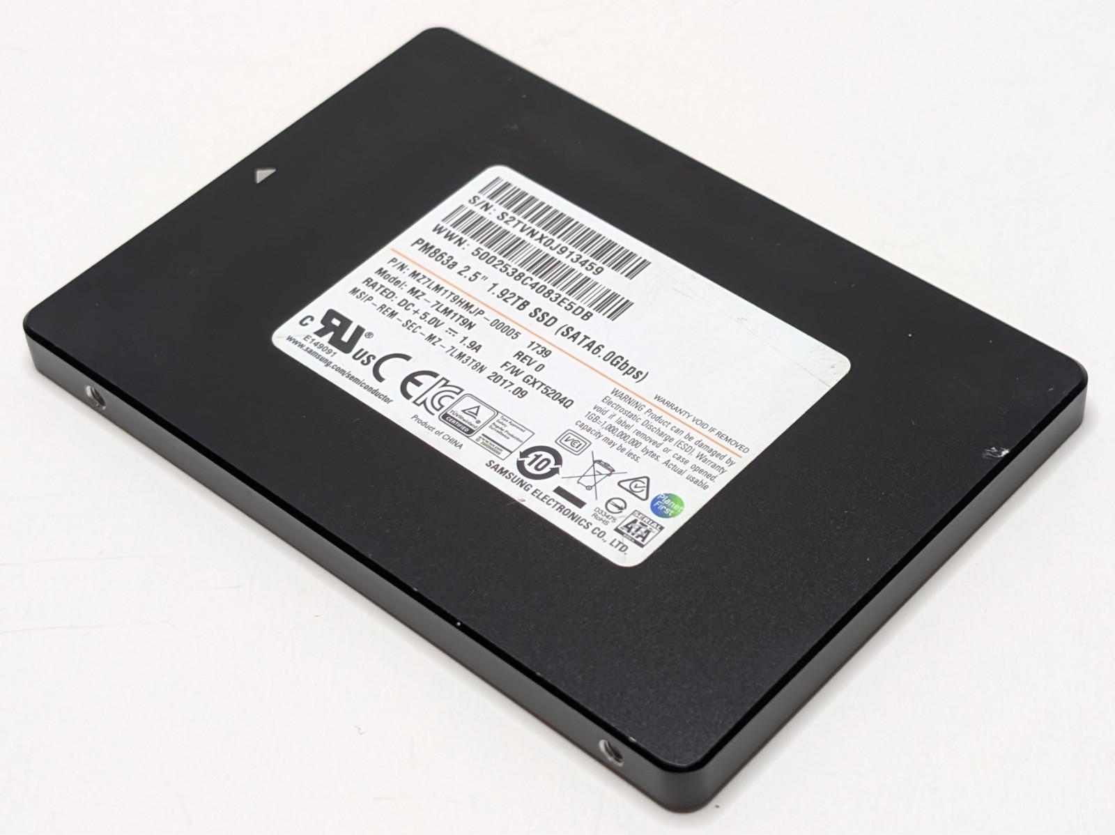 Samsung PM863a 2.5" 1.92TB SATA SSD | MZ-7LM1T9N, MZ7LM1T9HMJP-00005, Sanitized