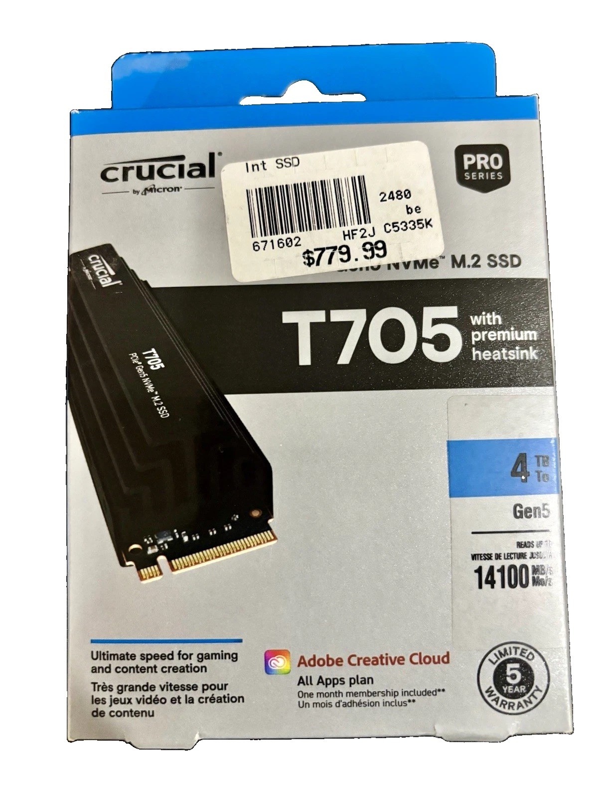 Crucial T705 4TB PCIe Gen5 NVMe M.2 SSD with Heatsink NEW / FACTORY SEALED
